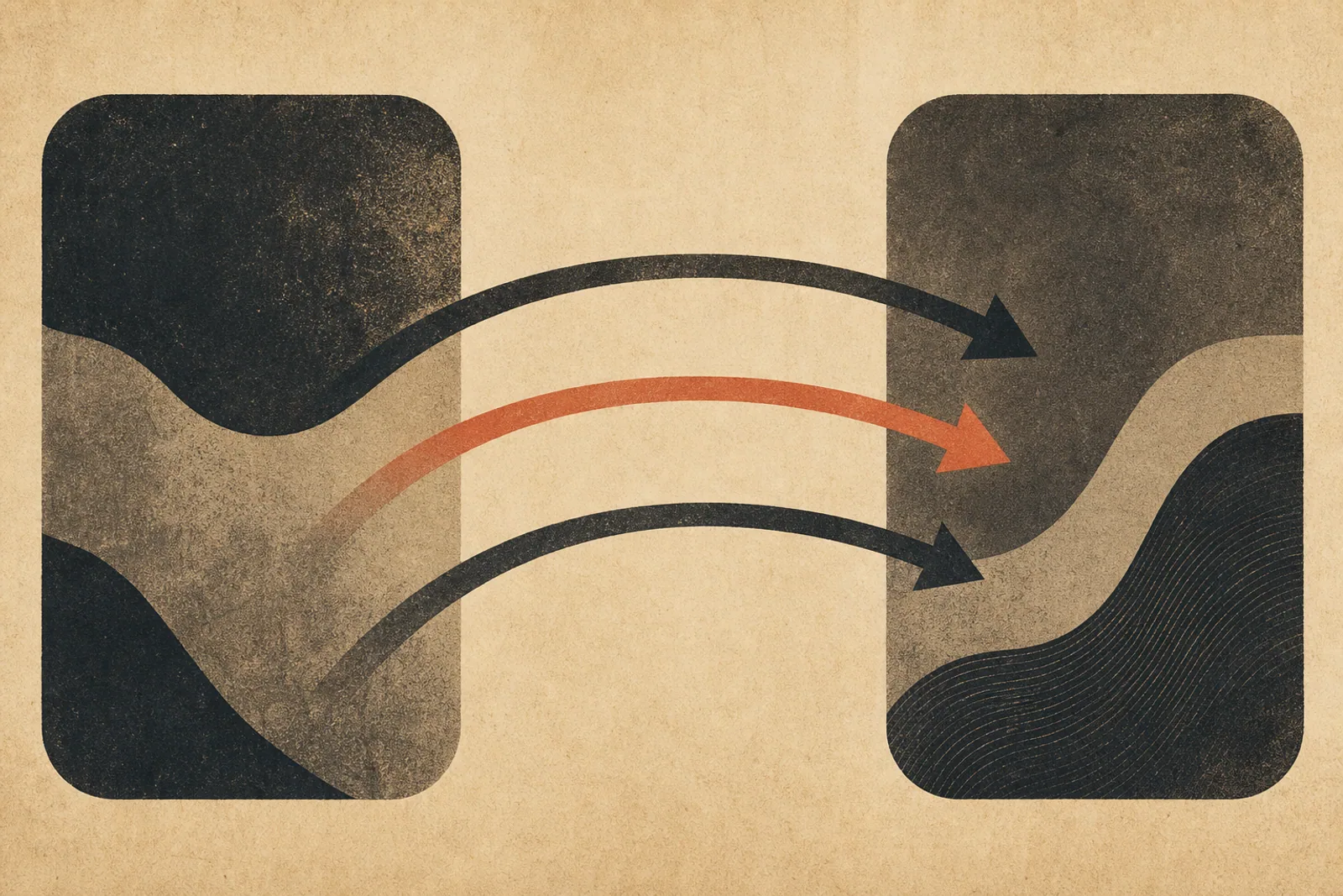 Editorial Illustration: zwei Rechtecke verbunden durch drei parallele bogenförmige Pfeile - Symbol für URL-Redirects bei einer Migration.
