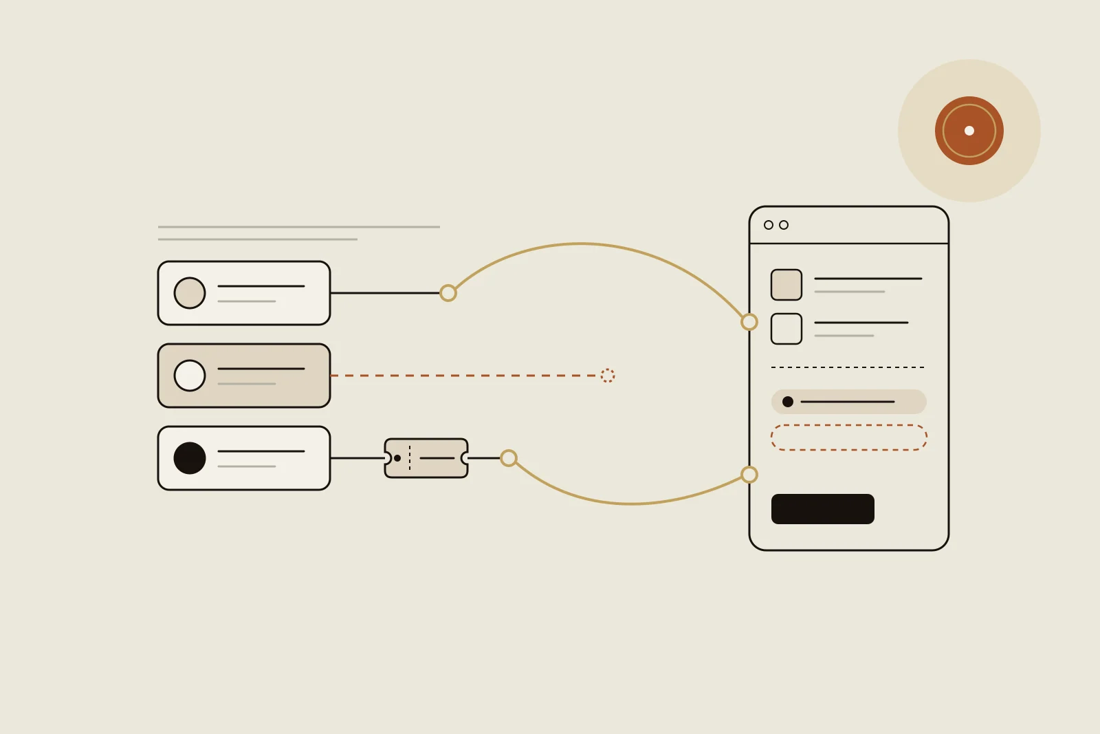 Editorial Illustration: Links drei tintenschwarz umrandete Karten mit je einem runden Profilpunkt und zwei Zeilen. Von der oberen Karte führt eine schwarze Linie zu einem goldenen Knoten und in einem goldenen Bogen zu einem hohen Bestellrahmen auf der rechten Seite. Von der unteren Karte läuft die Linie durch einen kleinen Gutschein mit Einkerbungen und dann ebenfalls in einem goldenen Bogen zum Bestellrahmen. Die Linie der mittleren Karte ist terrakottafarben gestrichelt und endet im Leeren. Im Bestellrahmen zwei Positionen, eine ausgefüllte Zuordnungszeile, eine leere gestrichelte und ein schwarzer Button. Oben rechts ein rundes terrakottafarbenes Siegel mit goldenem Ring. Sinnbild für Partnerempfehlungen, von denen eine beim Umzug ihre Provision verliert.