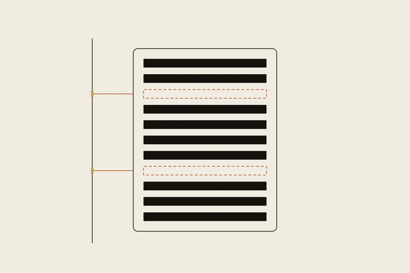 Editorial Illustration: ein aufrechter Rahmen mit gestapelten Balken, in dem zwei Plätze als gestrichelte Leerstellen offen bleiben — Sinnbild für das Kundenkonto mit seinen definierten Einhängepunkten.
