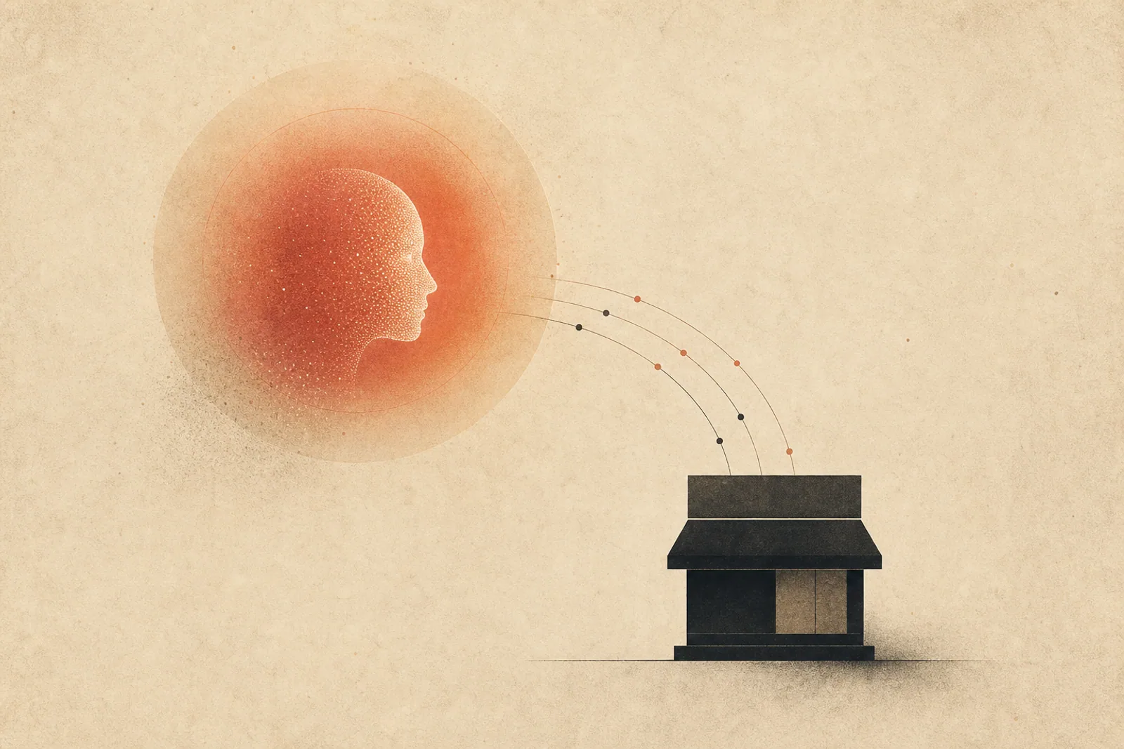 Editorial Illustration: Aura neben einer kleinen geometrischen Storefront-Silhouette als Symbol für KI-Assistenz im Commerce.