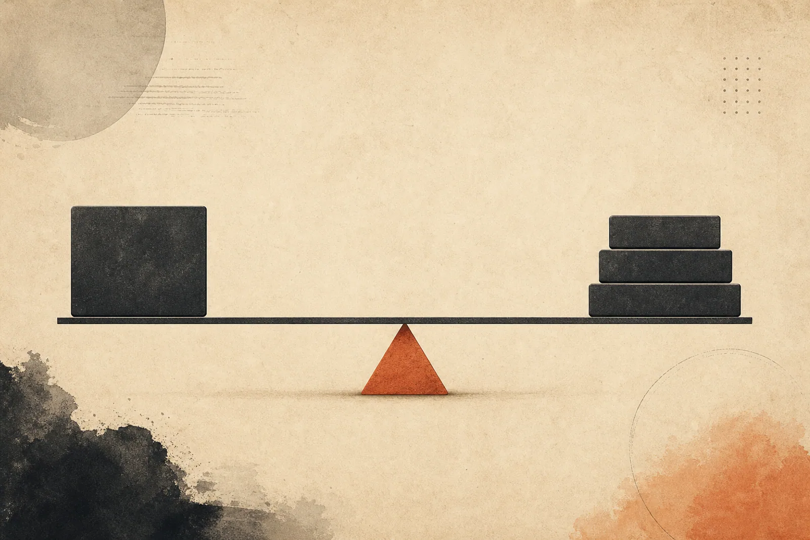 Editorial Illustration: eine waagerechte Balance-Stange auf einem dreieckigen Drehpunkt, mit einem eleganten Rechteck links und drei kleineren gestapelten Rechtecken rechts - Symbol für die Theme-vs-App-Entscheidungsmatrix.