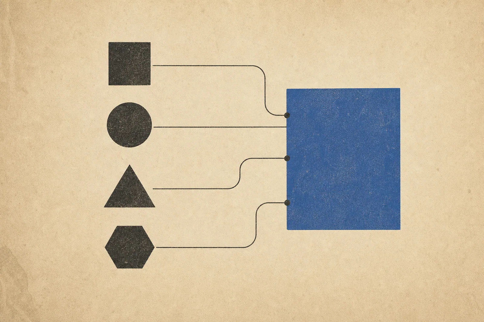 Editorial Illustration: vier geometrische Formen, die in ein einheitliches Rechteck fließen - Symbol für Datenkonsolidierung im CDP.