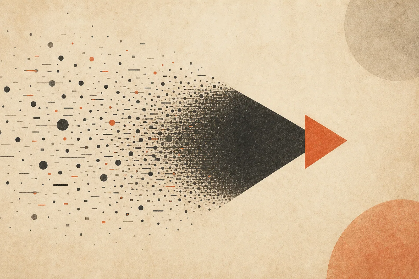 Editorial Illustration: Cluster aus Punkten und Strichen, die zu einem Pfeil zusammenfließen - Symbol für datenbasierte Marketing-Entscheidungen.
