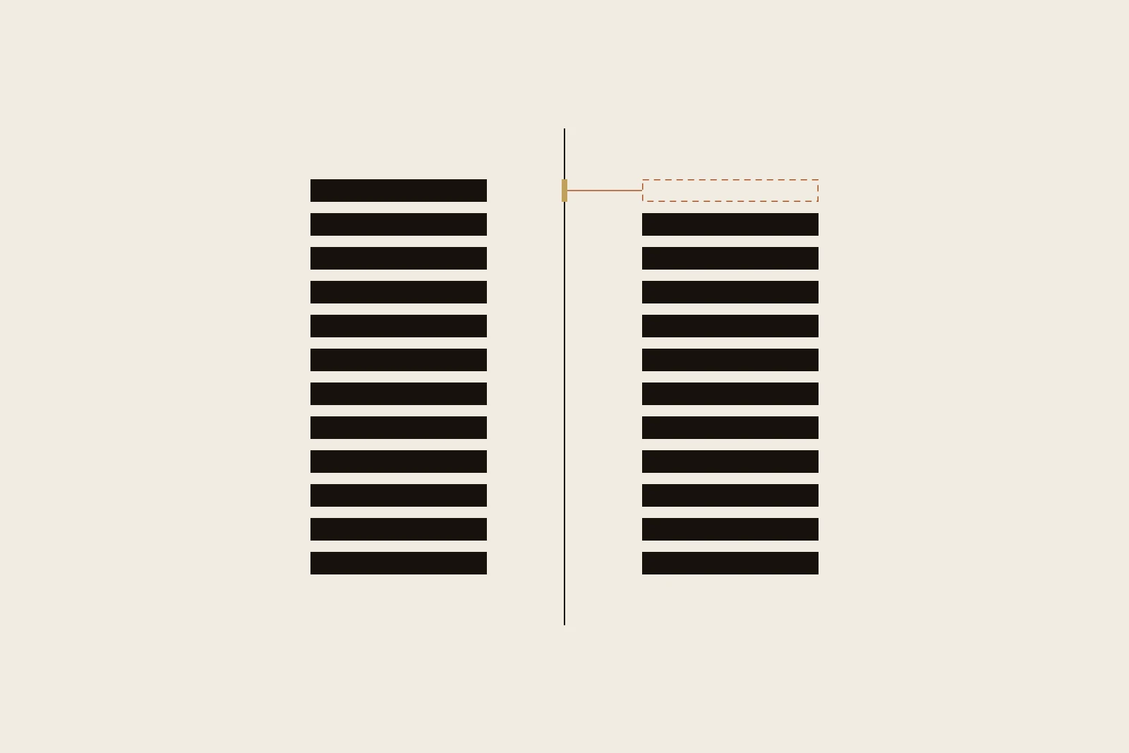 Editorial Illustration: zwei senkrechte Zahlenkolonnen stehen sich gegenüber, dazwischen eine schmale Lücke — Symbol für den Bestandswert, der am Stichtag in zwei Systemen gleichzeitig existiert.