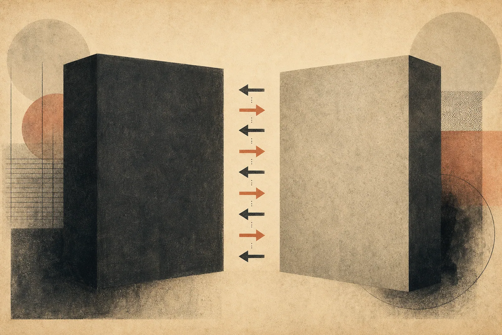 Editorial Illustration: zwei rechteckige Blöcke, verbunden durch eine Reihe abwechselnder Pfeile - Symbol für bidirektionale ERP-zu-Shopify-Synchronisation.