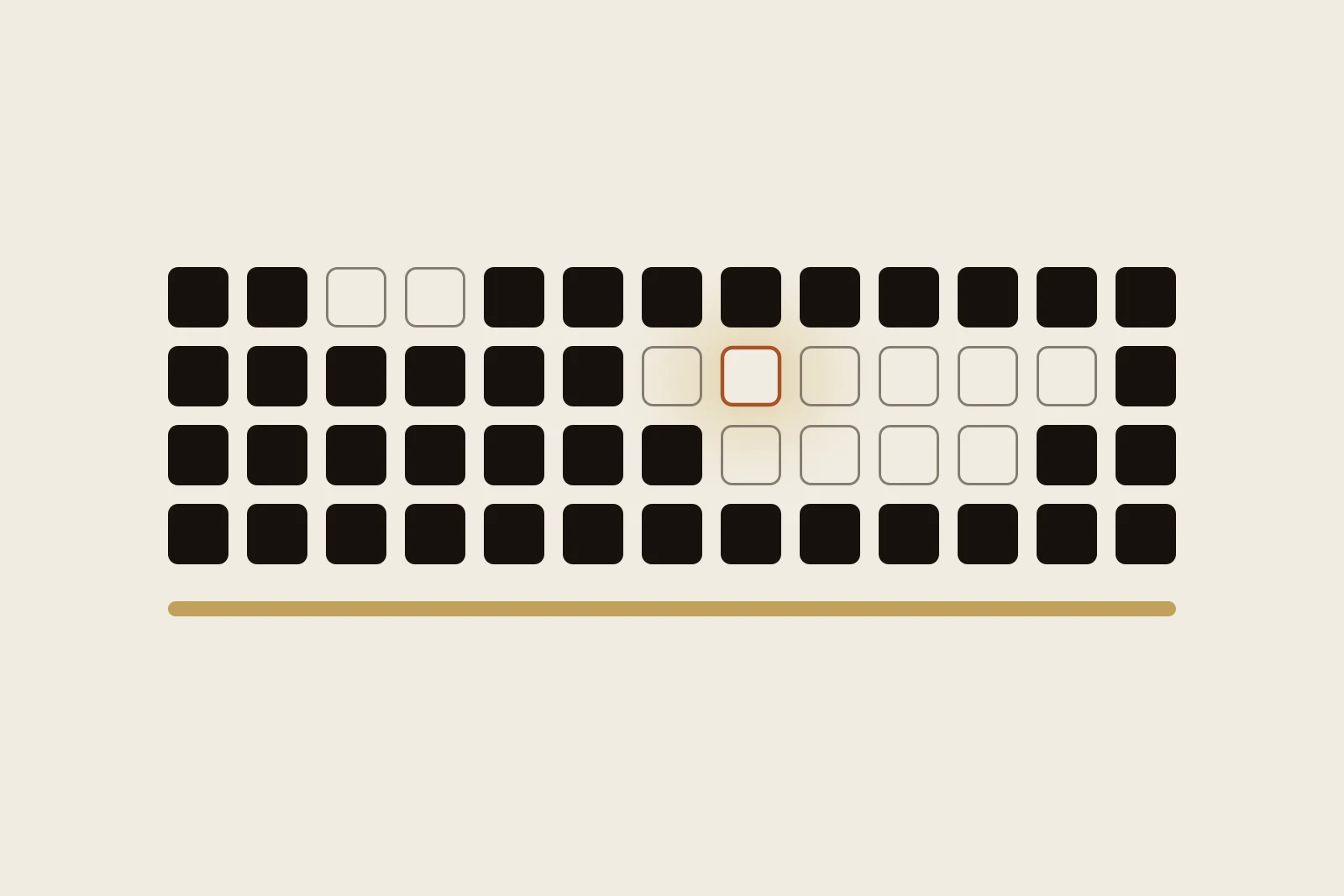 Editorial Illustration: Ein breites Raster aus 52 kleinen, abgerundeten Feldern in vier Reihen, wie ein Jahreskalender. Die meisten Felder sind schwarz ausgefüllt, einige blasse Felder stehen in kurzen Gruppen dazwischen. Ein einzelnes Feld ist nur terrakottafarben umrandet und hat einen warmen Schein hinter sich, darunter liegt ein goldener Balken als Boden. Sinnbild für ein Jahr, in dem wenige Wochen für den Umstieg frei bleiben und eine davon der Go-live wird.