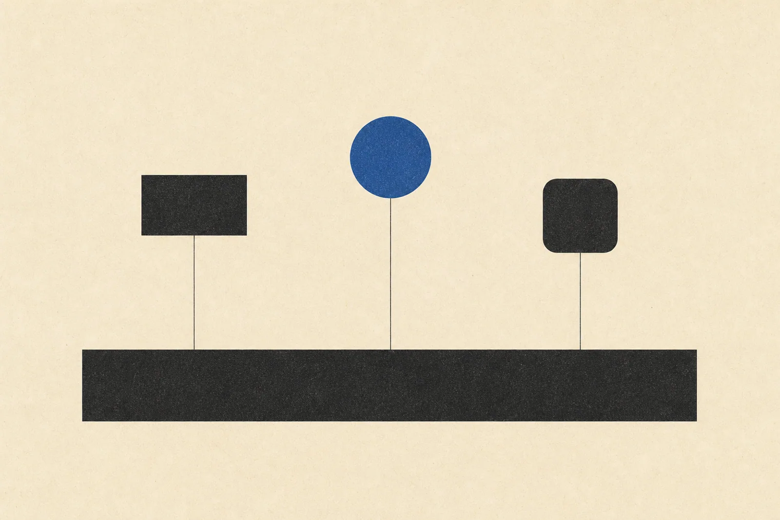 Editorial Illustration: drei kleine freistehende Formen schweben über einem massiven Basisblock, verbunden durch dünne Linien - Symbol für entkoppelte Frontends auf einem gemeinsamen Commerce-Backend.