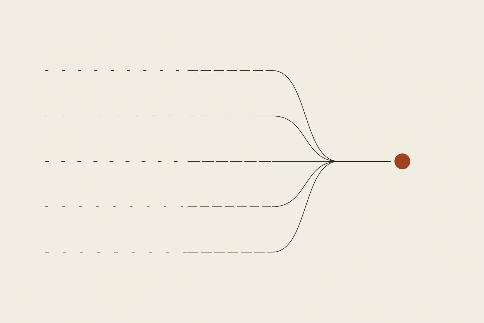 Editorial Illustration: mehrere getrennte Datenströme laufen über eine gemeinsame Linie zu einem einzelnen klaren Knotenpunkt zusammen — Symbol für zusammengeführte Lieferkettendaten.