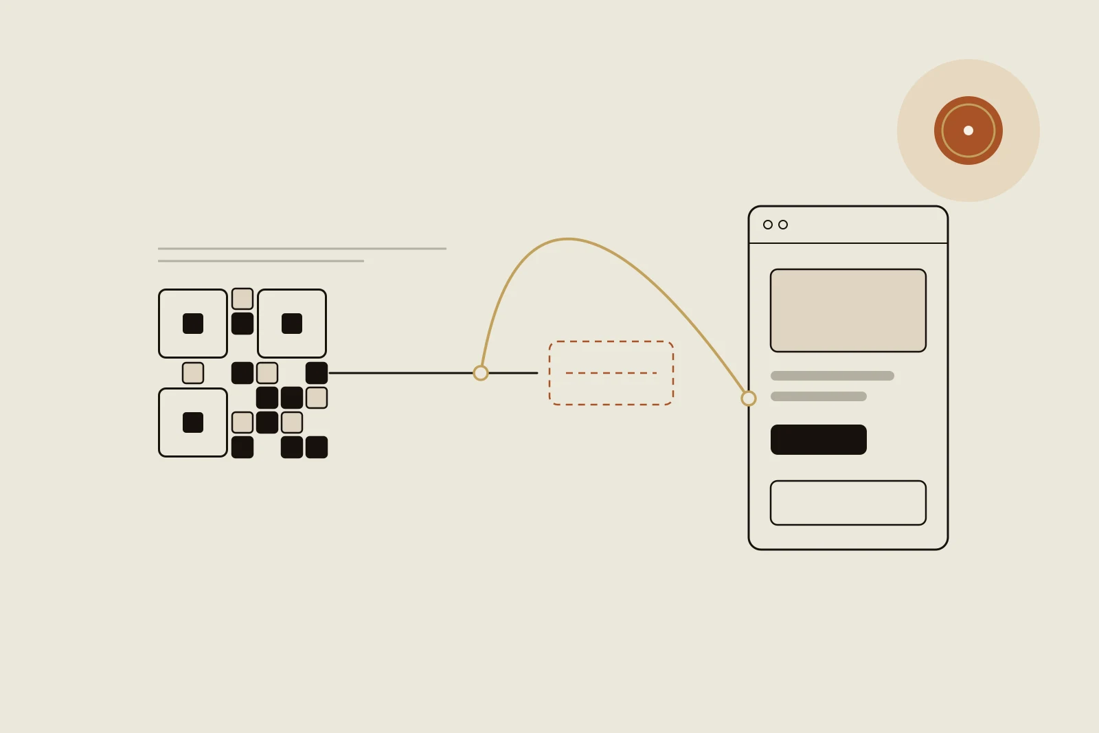 Editorial Illustration: Links ein kleines, tintenschwarz umrandetes Quadratraster wie ein gedruckter Code, rechts ein hoher Seitenrahmen mit Bildfläche, zwei grauen Zeilen und einem schwarzen Button. Eine feine schwarze Linie läuft vom Raster nach rechts und endet vor einer terrakottafarben gestrichelten Lücke. Ein goldener Bogen setzt kurz davor an, überspannt die Lücke und mündet im Seitenrahmen. Oben rechts ein rundes terrakottafarbenes Siegel mit goldenem Ring. Sinnbild für einen alten Kampagnenlink, der per Weiterleitung auf der neuen Seite ankommt.