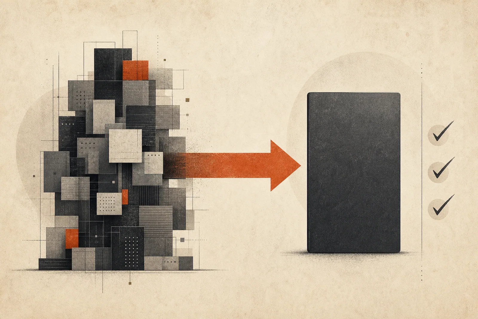 Editorial Illustration: ein komplexer Stapel aus mehreren Rechtecken wird durch einen horizontalen Pfeil mit einem einzelnen klaren Rechteck verbunden - Symbol für die strukturierte Migration von Magento zu Shopify.