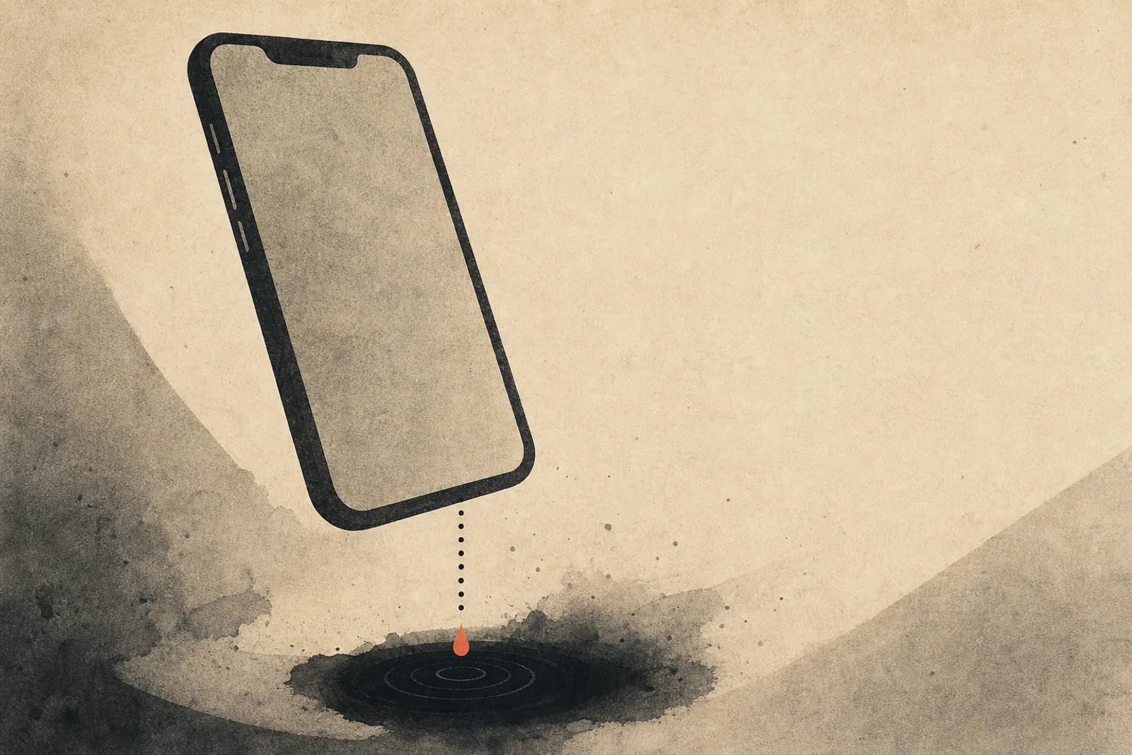 Editorial Illustration: gekipptes Smartphone-Silhouette mit gepunkteter Linie, die in einen dunklen Pool tropft - Symbol für Conversion-Verluste auf Mobile.