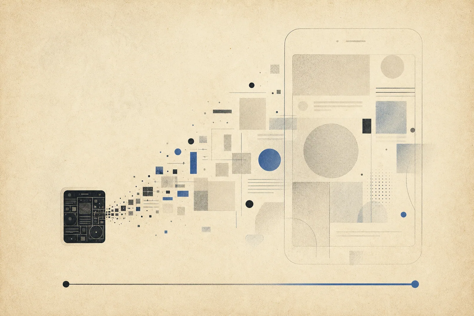 Editorial Illustration: kleines dichtes Element wird zu größerem, leichterem Element - Symbol für Performance-Skalierung im Mobile-First-Design.