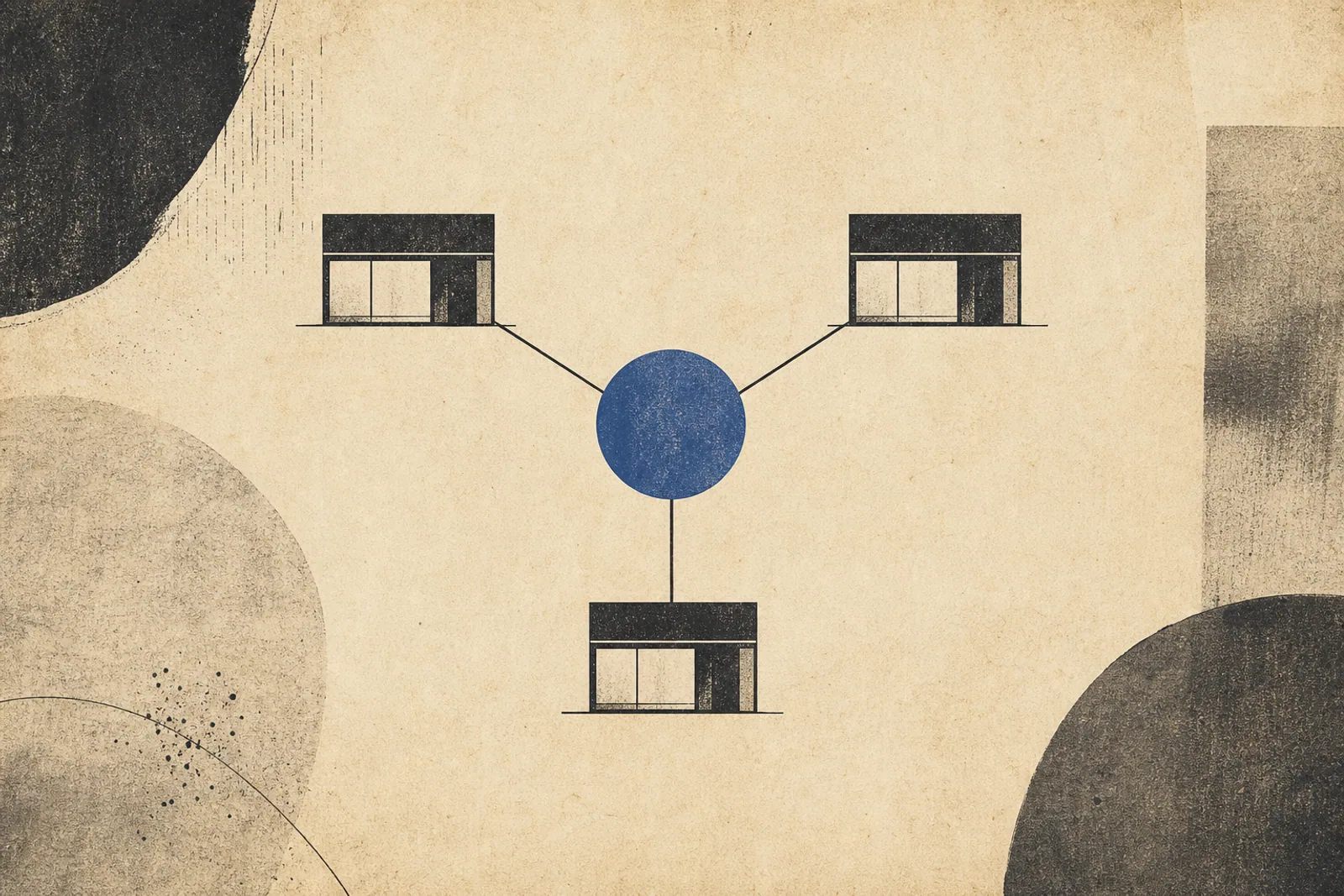 Editorial Illustration: drei kleine Rechtecke um einen zentralen Kreis als Symbol für mehrere Storefronts mit gemeinsamer Infrastruktur.