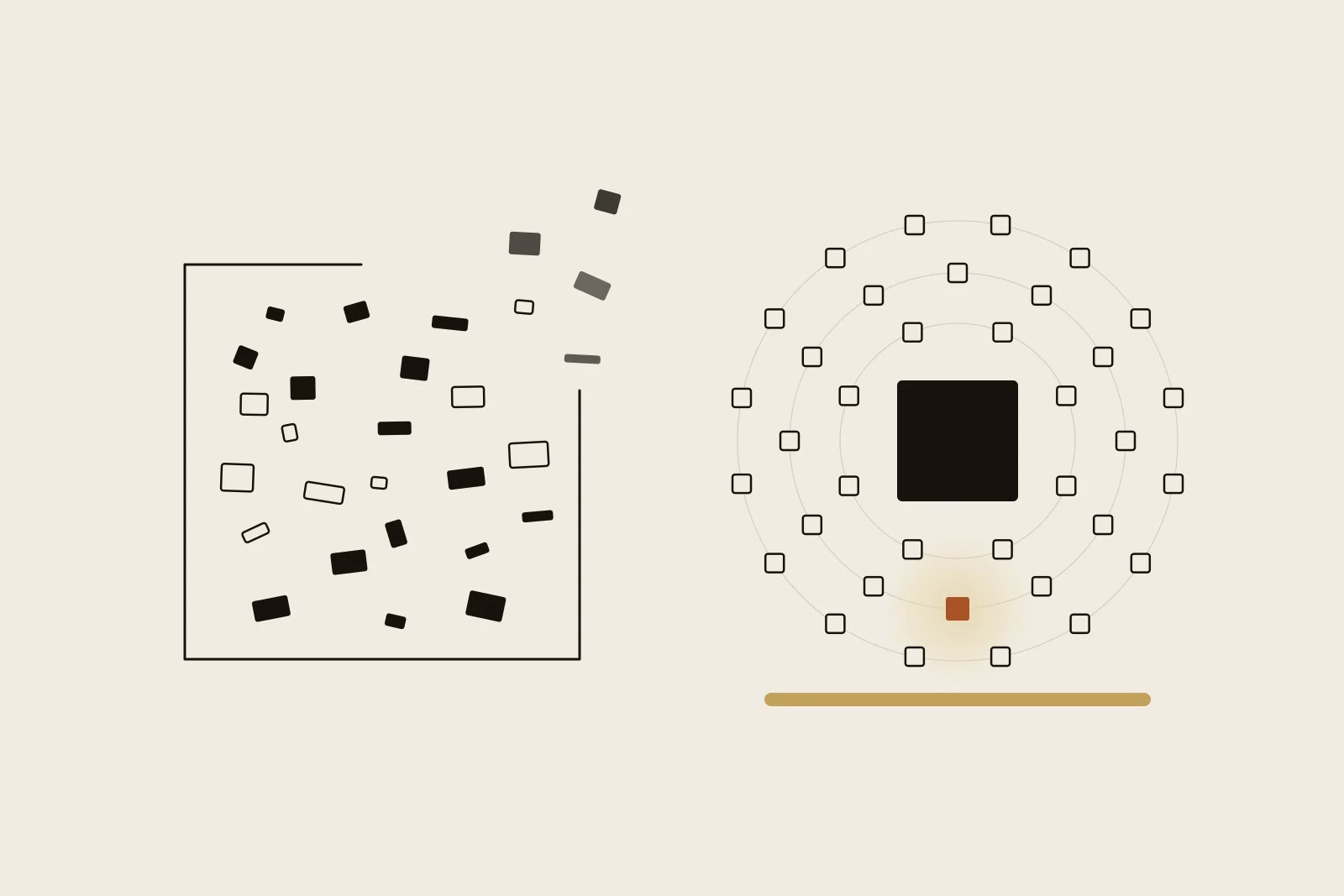 Editorial Illustration: Links ein offener quadratischer Rahmen aus feinen schwarzen Linien, in dem viele kleine Bauteile lose verteilt liegen. Rechts ein geschlossener dunkler Block, um den in drei Ringen kleine Quadrate angeordnet sind, die meisten als Umriss, eines terrakottafarben gefüllt. Darunter ein goldener Balken als Boden. Sinnbild für einen Shop, dessen Code offen daliegt, und einen Shop, dessen Kern geschlossen ist und dessen Erweiterungen außen anliegen.