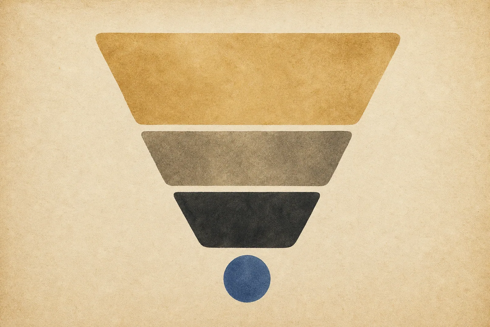Editorial Illustration: gestapelte Bänder, die nach unten enger werden, mit Kreis-Element, das aus dem letzten Band fällt - Symbol für Sales-Funnel.