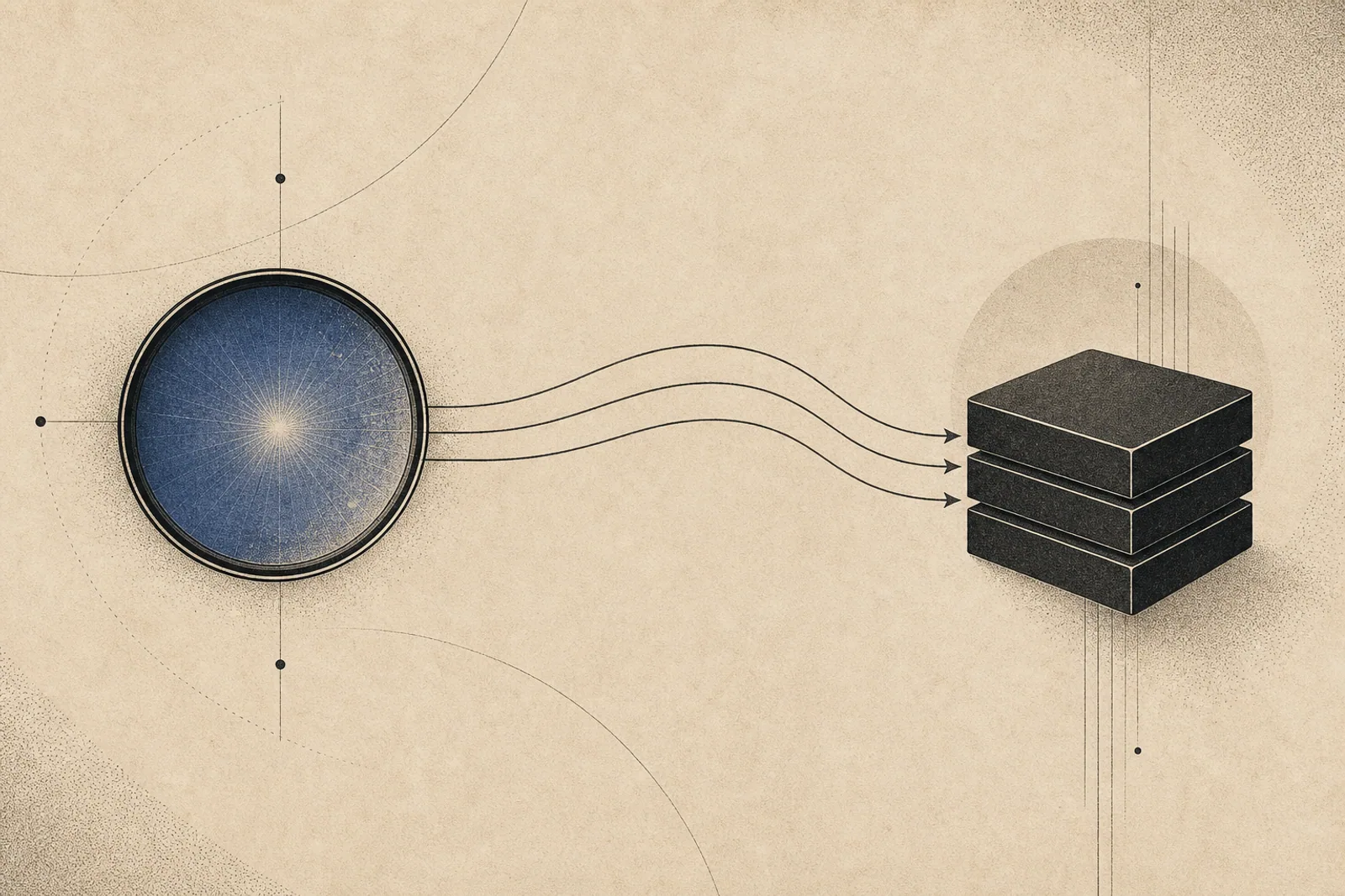 Editorial Illustration: eine Linsenscheibe links sendet drei parallel geschwungene Pfeillinien zu einer sauberen gestapelten Rechteckform rechts - Symbol für bewahrte organische Sichtbarkeit während einer Shopify-Migration.