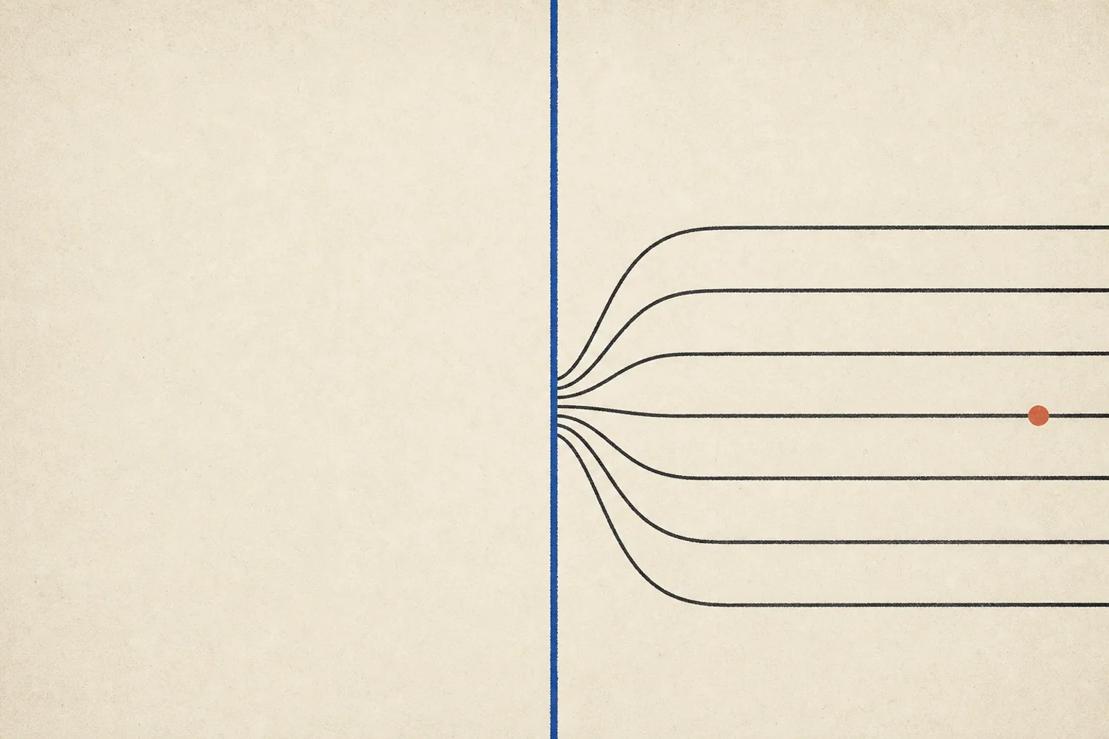 Editorial Illustration: eine zentrale vertikale Linie, von der sechs parallele Kurven nach rechts abzweigen - Symbol für viele autonome Coding-Agenten, die aus einer gemeinsamen Infrastruktur heraus parallel arbeiten.
