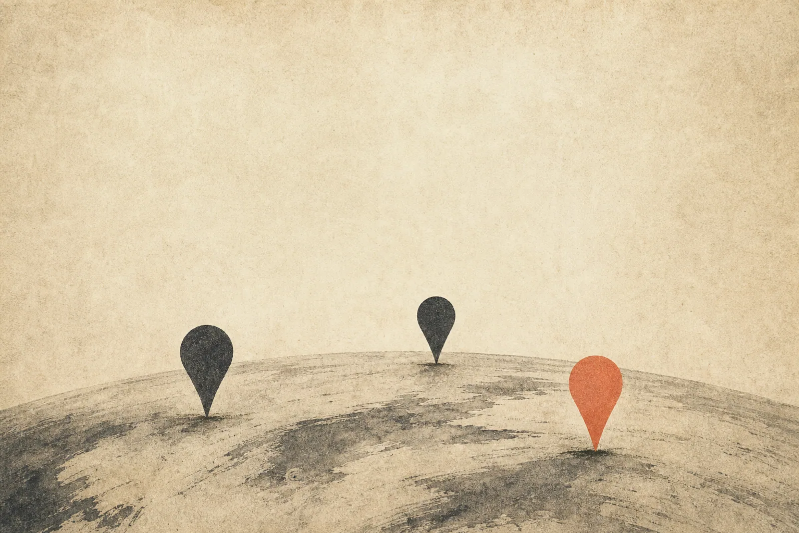 Editorial Illustration: drei stilisierte Standort-Pins über einer geschwungenen Horizontlinie - Symbol für Multi-Location-Local-SEO.