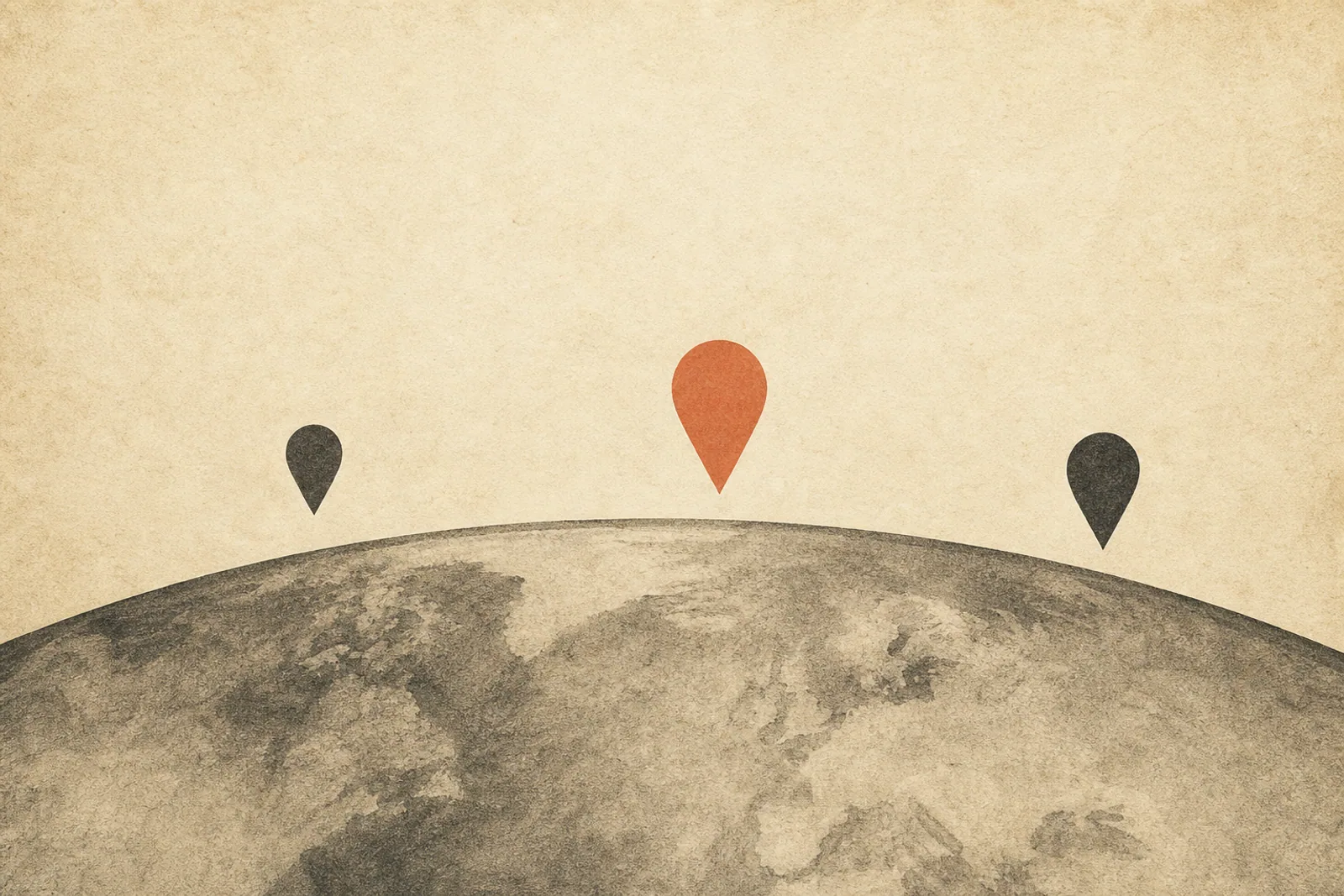 Editorial Illustration: eine geschwungene Horizontlinie mit drei verstreuten Pin-Tropfenformen darüber - Symbol für Mehrländer-Expansion mit Shopify Markets.