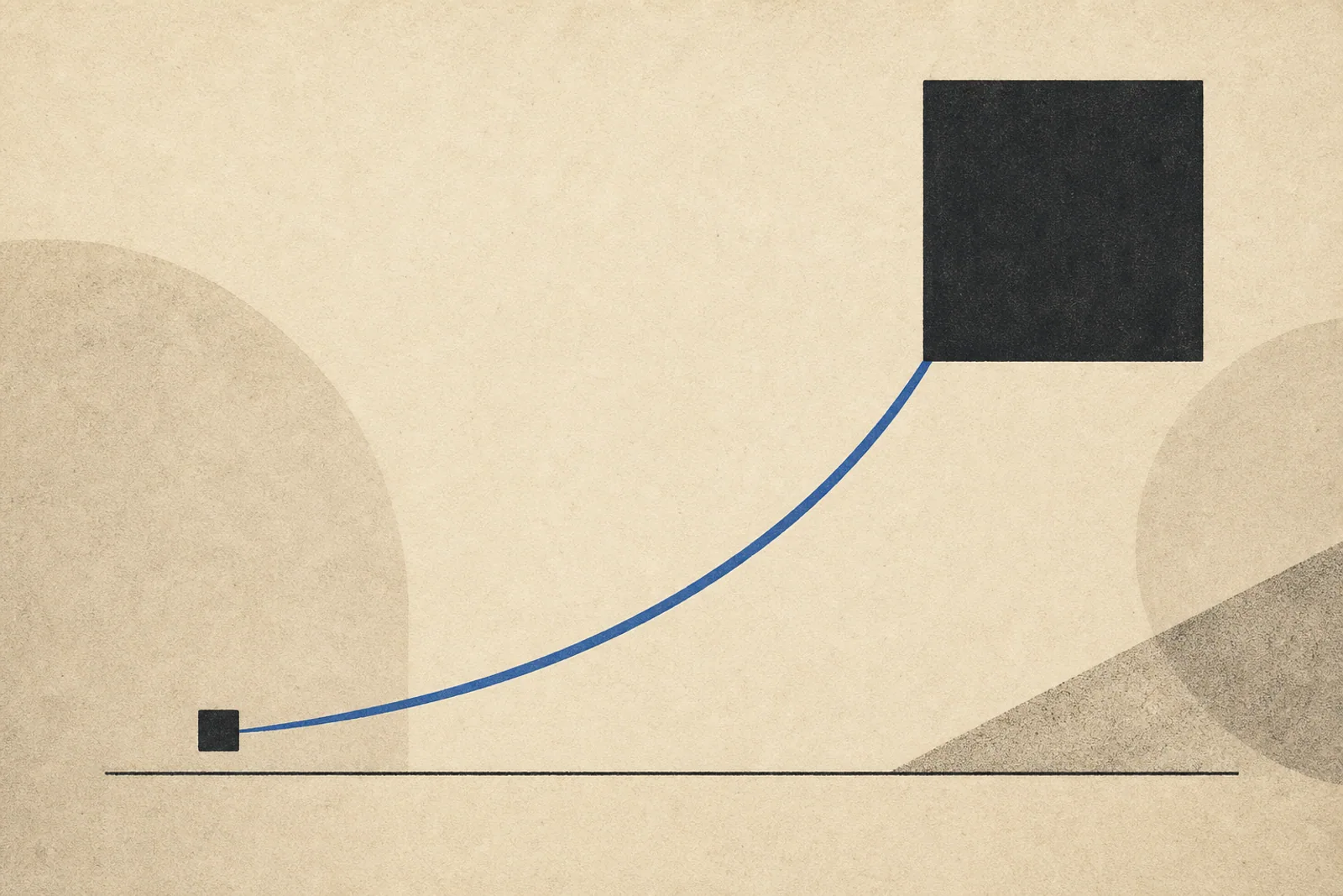Editorial Illustration: ein kleines Quadrat unten links wird durch eine aufsteigende Bogenlinie zu einem größeren festen Quadrat oben rechts geführt - Symbol für den Conversion-Lift im Shopify-Plus-Checkout.