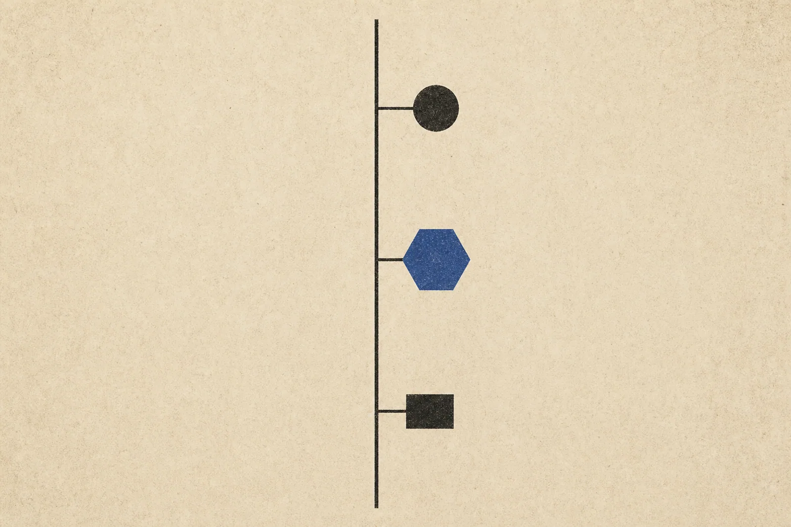 Editorial Illustration: eine zentrale vertikale Linie mit drei unterschiedlichen modularen Formen - Kreis, Hexagon, Rechteck - als anschließbare Erweiterungen, Symbol für Composable Checkout Extensibility.