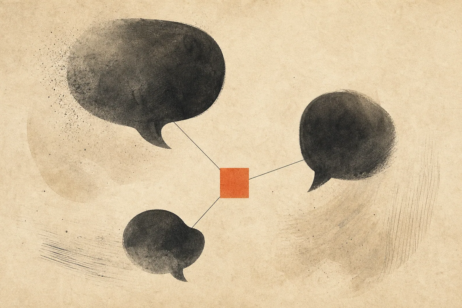 Editorial Illustration: drei Sprechblasen-Formen, die zu einem zentralen Quadrat fließen - Symbol für Voice-of-Customer-Synthese.