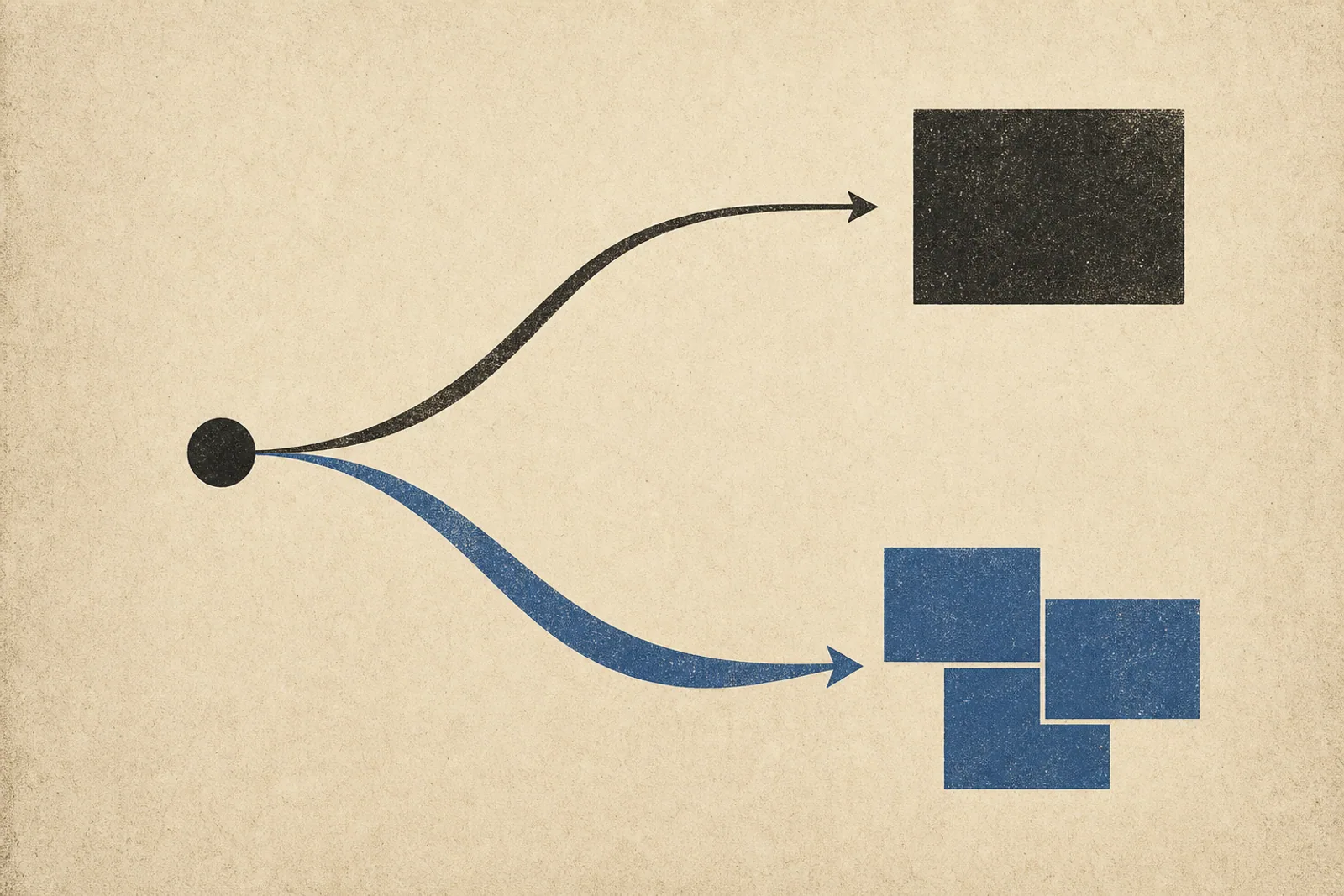Editorial Illustration: ein zentraler Punkt mit zwei divergierenden Pfaden - einer führt zu einem einfachen Rechteck, einer zu einer komplexeren Komposition - Symbol für die Entscheidung zwischen Liquid Theme und Custom App.