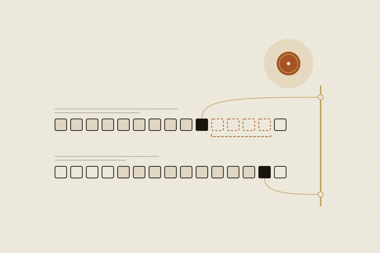 Editorial Illustration: Zwei waagerechte Reihen aus kleinen, tintenschwarz umrandeten Quadraten liegen übereinander wie zwei Kalenderstreifen. In der oberen Reihe ist ein Quadrat schwarz gefüllt, die vier Quadrate danach sind nur terrakottafarben gestrichelt und von einer gestrichelten Klammer unterfasst. In der unteren Reihe, die später beginnt, liegt das gefüllte Quadrat vier Felder weiter rechts. Von beiden schwarzen Quadraten führen feine goldene Linien zu einer senkrechten goldenen Leiste, oben rechts sitzt ein rundes terrakottafarbenes Siegel mit goldenem Ring. Sinnbild für ein Zahlungsziel, das in zwei Systemen an verschiedenen Tagen endet.
