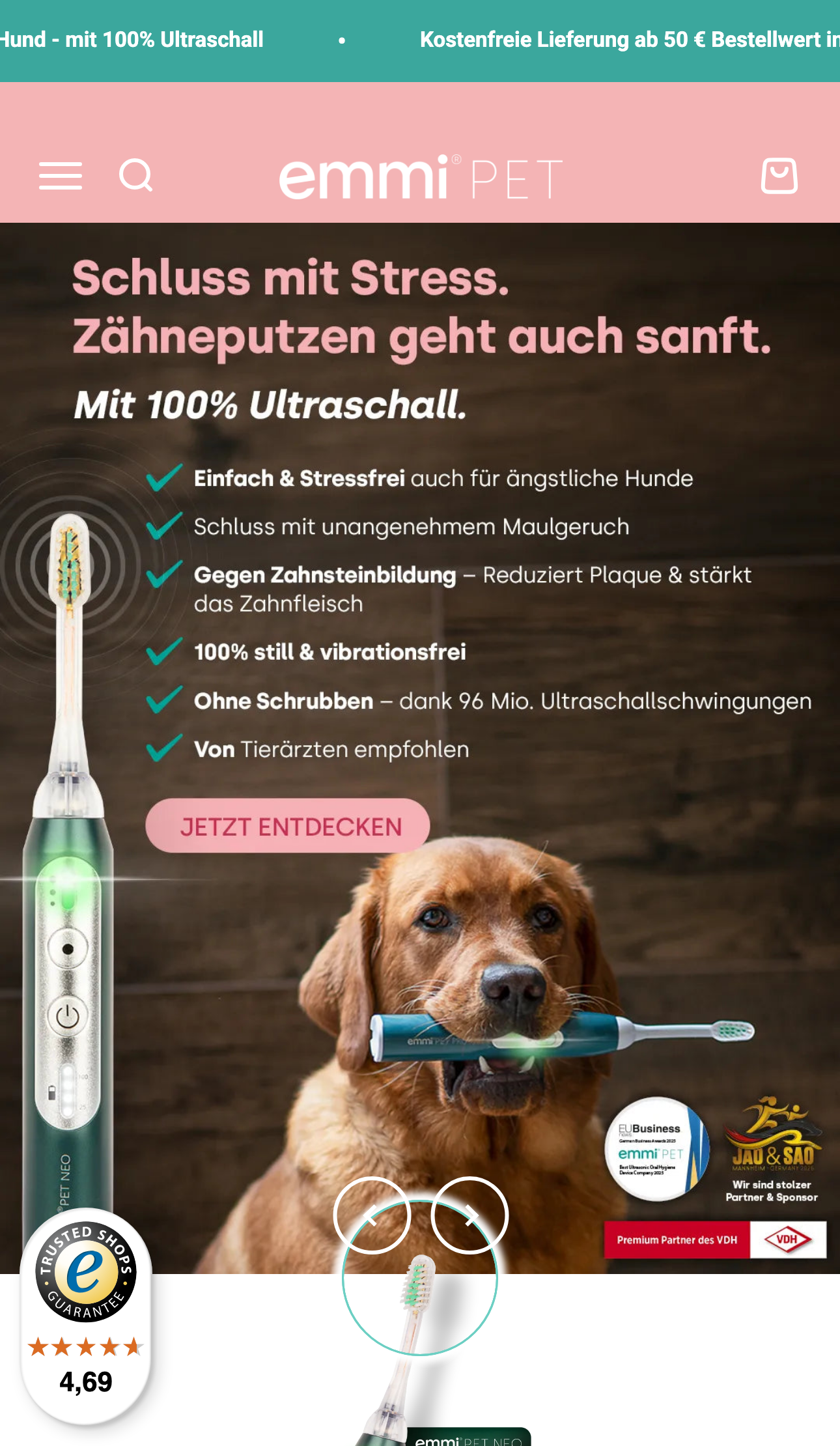Screenshot des emmi-pet Shopify Plus Shops