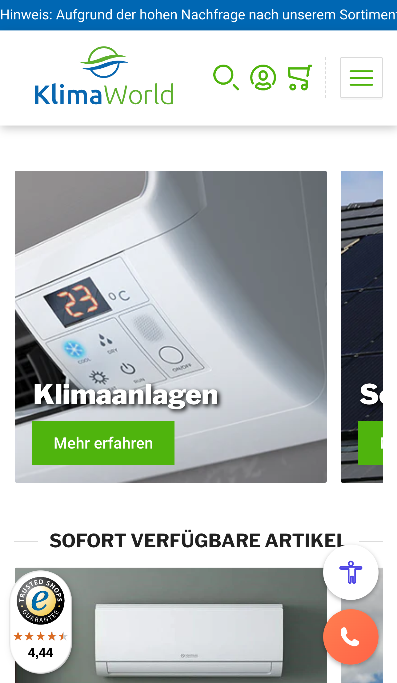Screenshot des Klimaworld.com Shopify Plus Shops (Thermoflux)